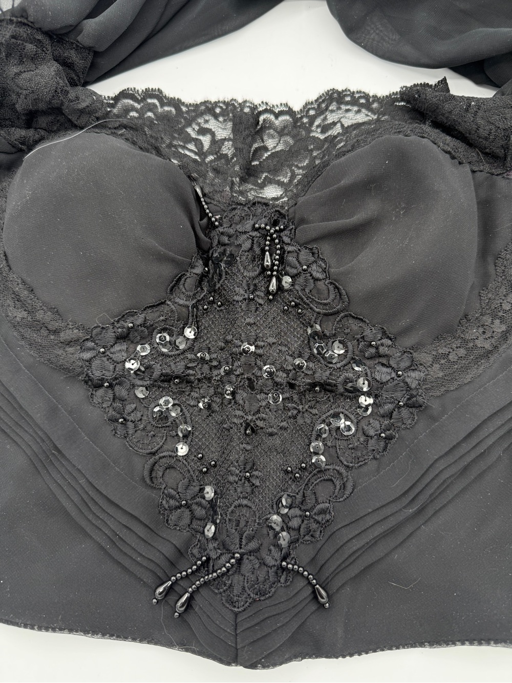Vintage Corset Long Sleeve Top Beaded Embroidered Whimsigoth Dark Romantic Vamp - Picture 13 of 13